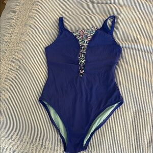 Royal Blue One-Piece Swimsuit with Patterned Plunge Lilly Pulitzer 4